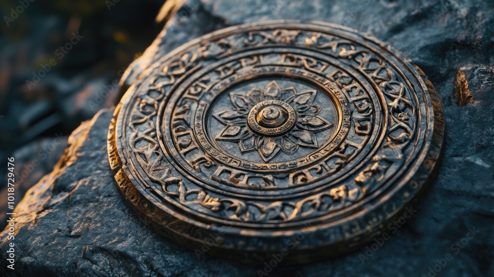 Fototapeta premium Close-up shot of a stone with a decorative medallion