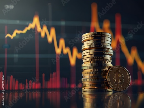 A coin stack next to a financial graph chart represents rising trends, and a detailed market report highlights cash and currency movements in the evolving financial landscape.