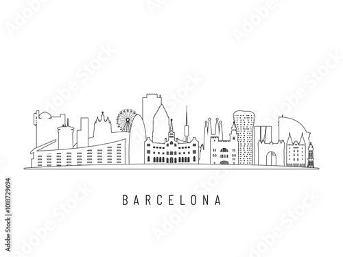 Detailed Barcelona skyline vector illustration. Barcelona buildings in line art style, perfect for modern designs.