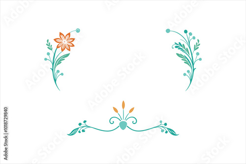 Flower ornament frame, hand drawn decorative corner elements, vector art illustration.