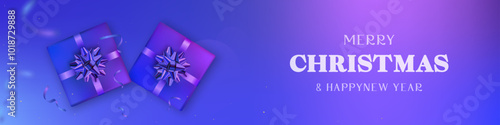 Purple Christmas banner with gifts and greetings.