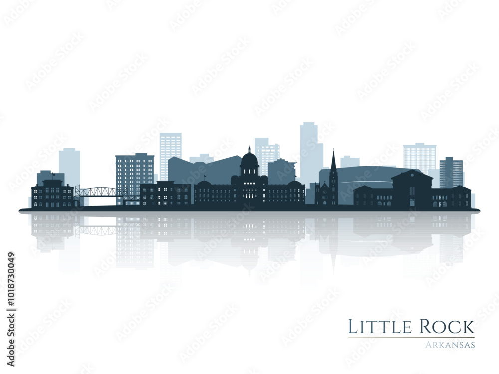 Naklejka premium Little Rock skyline silhouette with reflection. Landscape Little Rock, Arkansas. Vector illustration.