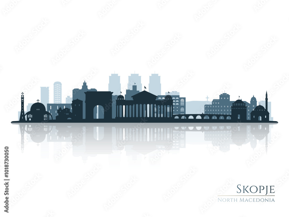 Fototapeta premium Skopje skyline silhouette with reflection. Landscape Skopje, North Macedonia. Vector illustration.