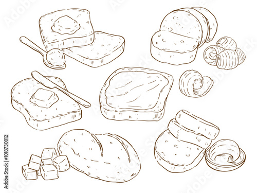Collection of outline drawing dairy product bread and butter vector food illustration