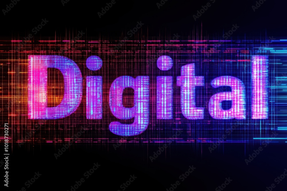 Obraz premium Vibrant digital text with colorful grid design, suitable for modern technology themes on a dark background.