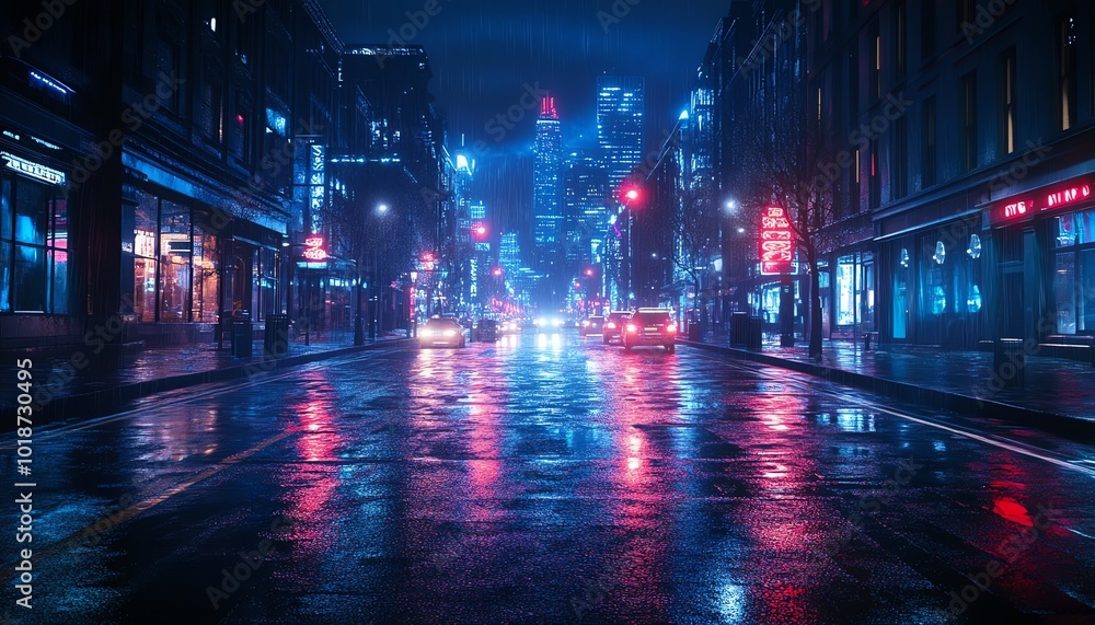 A vibrant urban night scene featuring colorful neon lights reflecting on a rain-soaked street, creating a moody atmosphere. A vibrant urban night scene featuring colorful neon lights reflecting on a rain-soaked street, creating a moody atmosphere.