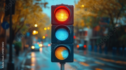 Traffic Light in Rainy City photo