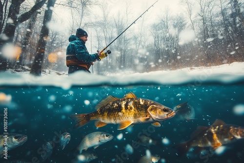 Winter fishing background. Fisherman in action. Catching perch fish from snowy ice at lake above troop of fish. Double view under and above water 