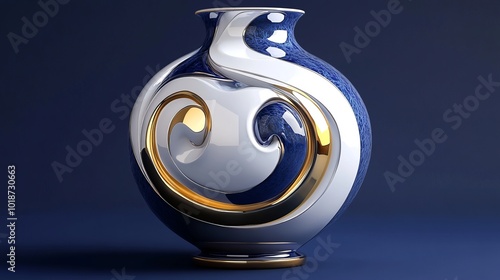 3D rendering of glossy white and gold spheres and glass spheres with white and gold swirls in an elegant vase against a dark background with reflective lighting and a luxurious finish.