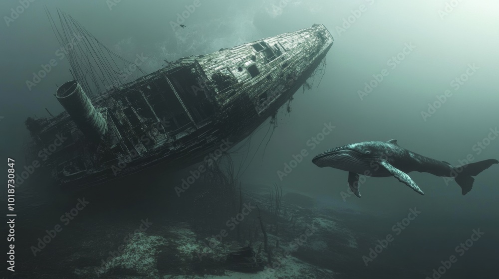Fototapeta premium Underwater Scene with Shipwreck and Whale