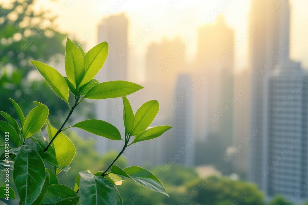 A tree branch with green leaves in front of a city skyline, suitable for urban and natural scenes A tree branch with green leaves in front of a city skyline, suitable for urban and natural scenes