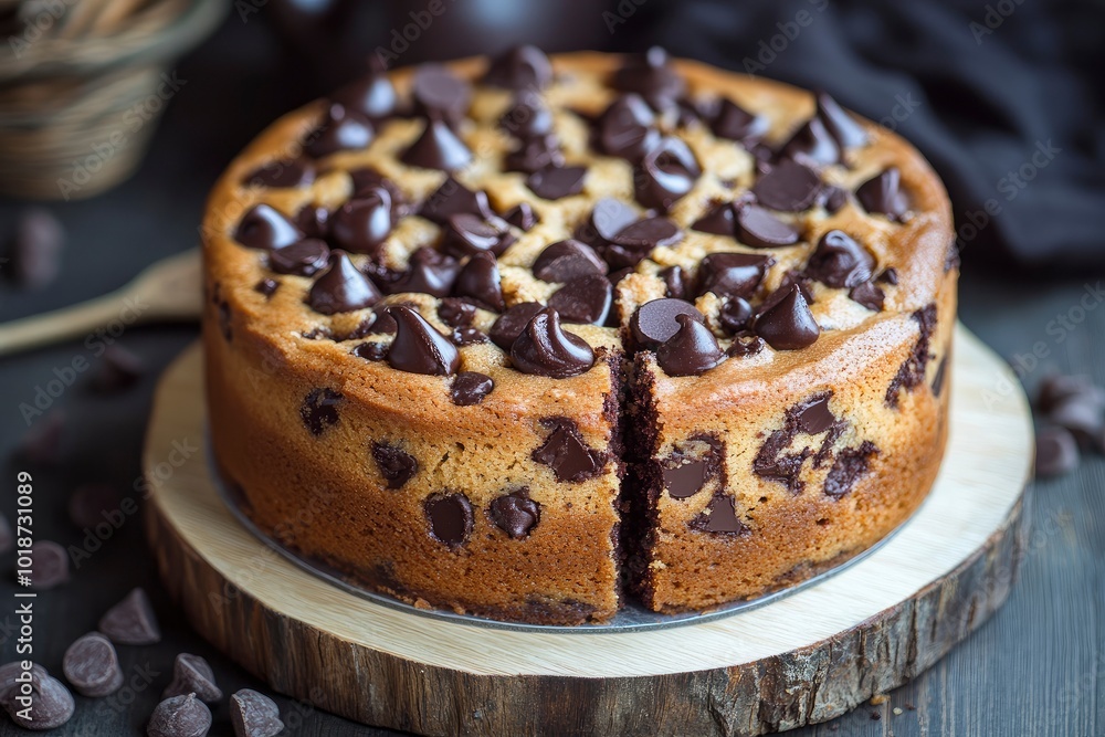Chocolate chip cookie cake on wooden background with generative ai Chocolate chip cookie cake on wooden background with generative ai