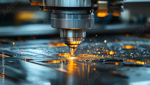 A close-up of a laser cutting machine showcasing precision and sparks in a modern industrial setting.