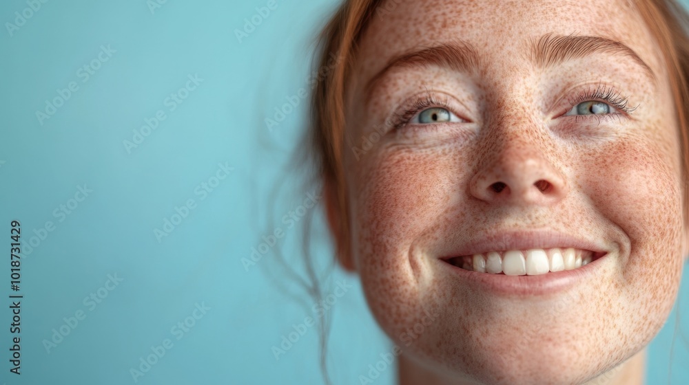 Fototapeta premium A close-up shot of a woman's face with noticeable freckles, suitable for use in beauty and lifestyle contexts