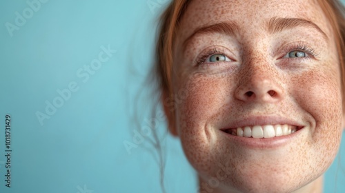 A close-up shot of a woman's face with noticeable freckles, suitable for use in beauty and lifestyle contexts