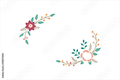 Flower ornament frame, hand drawn decorative corner elements, vector art illustration.