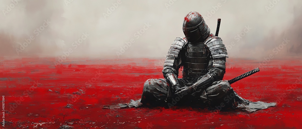 Fototapeta premium A solitary warrior sits on a vibrant red field, embodying themes of battle, reflection, and the weight of history.