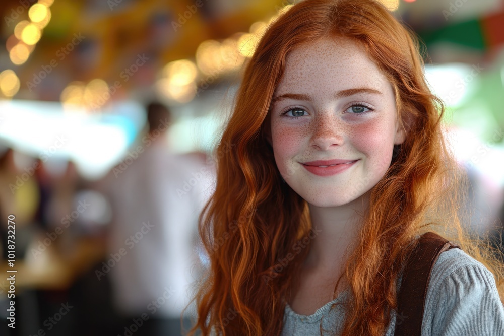 A young girl with bright red hair is smiling directly at the camera, looking friendly and approachable A young girl with bright red hair is smiling directly at the camera, looking friendly and approachable