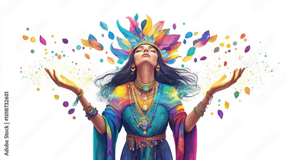 Colorful artistic representation of a woman with open arms, adorned in vibrant attire and surrounded by floating petals on a white background. Colorful artistic representation of a woman with open arms, adorned in vibrant attire and surrounded by floating petals on a white background.