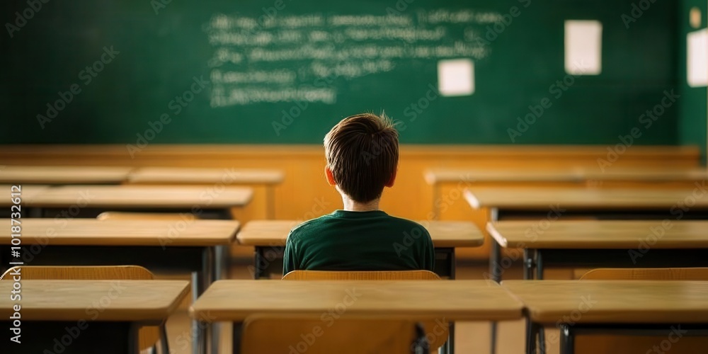 Child sitting alone in an empty classroom, focus on learning and education, symbolizing isolation, mental health concept. Child sitting alone in an empty classroom, focus on learning and education, symbolizing isolation, mental health concept.