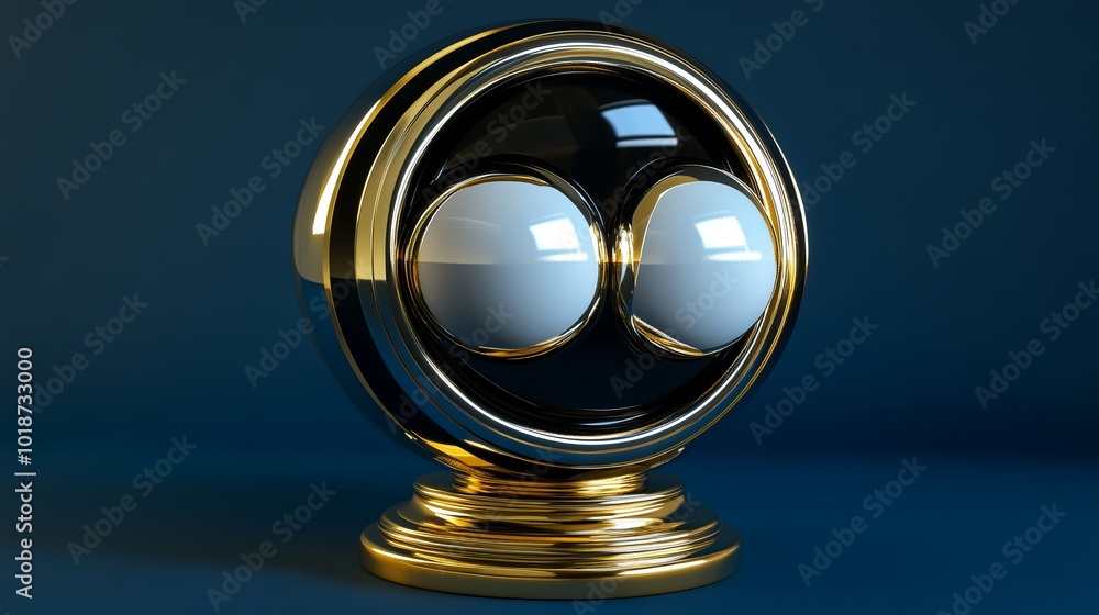 3D rendering of glossy black and gold spheres, and glass spheres with white and gold swirls in an elegant vase, set against a dark blue background with reflective lighting and luxurious finish. 3D rendering of glossy black and gold spheres, and glass spheres with white and gold swirls in an elegant vase, set against a dark blue background with reflective lighting and luxurious finish.