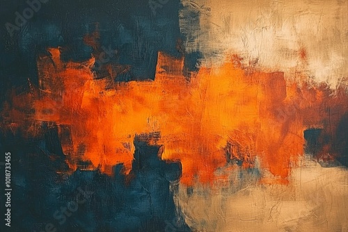 Abstract Painting with Orange, Beige, and Dark Blue Hues photo