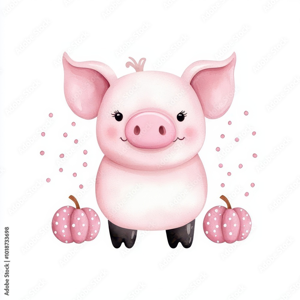 Cute pink pig with pumpkins on a white background. Cute pink pig with pumpkins on a white background.