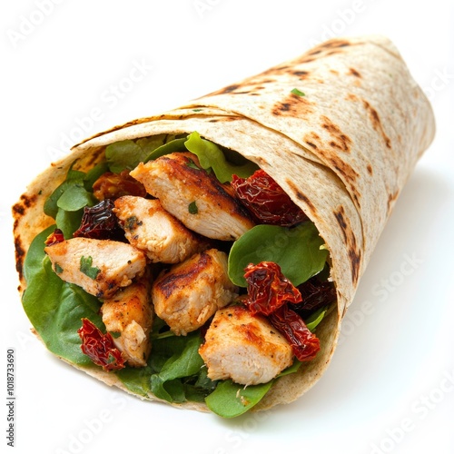 healthy chicken wrap in a sun dried tomato tortilla on a white background