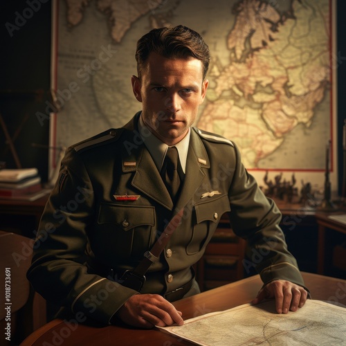 A stern military officer in an olive green uniform studies a map on a desk with a vintage world map in the background, ideal for historical documentaries, education, and wartime strategy concepts, photo