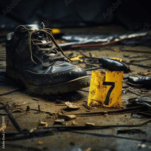 A single black boot stands next to a yellow evidence marker on a cluttered, dirt-strewn floor, indicating a crime scene investigation ideal for depicting forensic analysis or investigative journalism