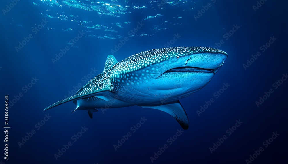 A majestic whale shark gracefully swimming in crystal clear ocean waters, displaying its unique spotted pattern and gentle presence. A majestic whale shark gracefully swimming in crystal clear ocean waters, displaying its unique spotted pattern and gentle presence.