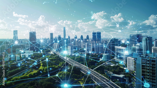 Fototapeta Naklejka Na Ścianę i Meble -  A futuristic city powered by a smart grid managing renewable energy sources like solar, wind, and hydropower in real-time. Clean and high-tech visuals.