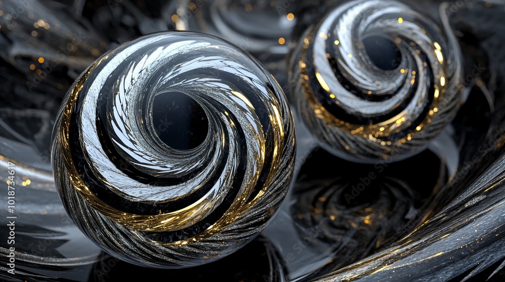 3D rendering of glossy black and gold spheres, and glass spheres with white and gold swirls in an elegant vase, set against a dark blue background with reflective lighting and luxurious finish.