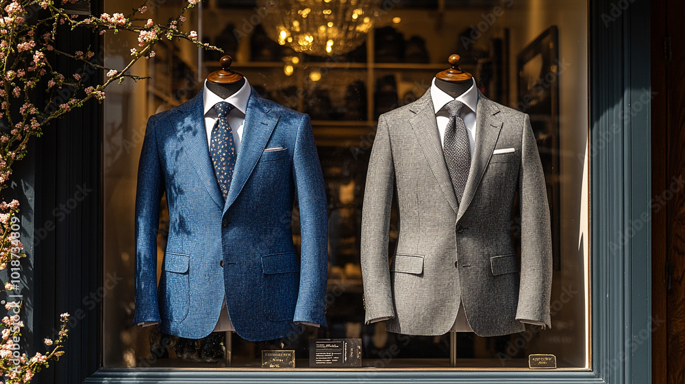 Two men´s suits are displayed in a store window Two men´s suits are displayed in a store window