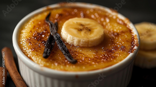 Crème Brûlée in a ramekin with caramelized sugar, banana slice, vanilla bean on black background