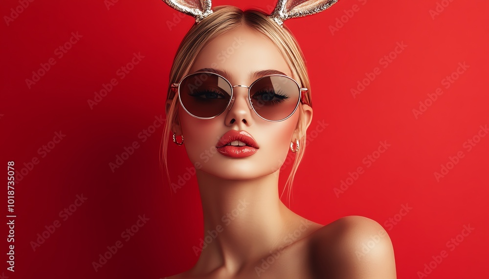 Stylish woman with sunglasses and bunny ears against a vibrant red background, radiating confidence and charm. Stylish woman with sunglasses and bunny ears against a vibrant red background, radiating confidence and charm.