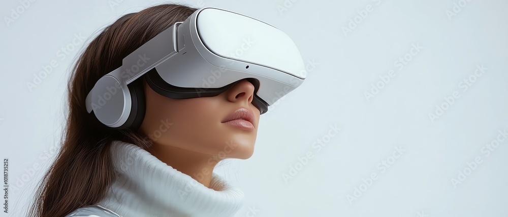 A woman wearing a virtual reality headset, exploring digital worlds in an immersive, modern environment. A woman wearing a virtual reality headset, exploring digital worlds in an immersive, modern environment.
