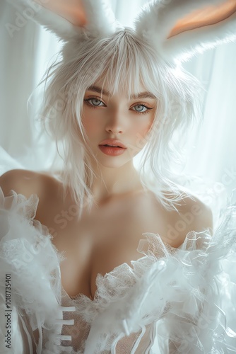 A whimsical portrait of a young woman with bunny ears, featuring soft lighting and delicate attire, embodying playful innocence.