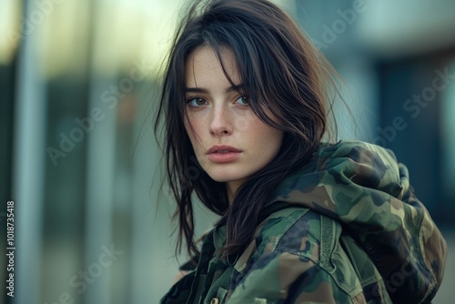 A woman wearing a camouflage jacket looks directly at the camera