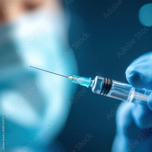 Hand holding a syringe in a medical environment, blue background