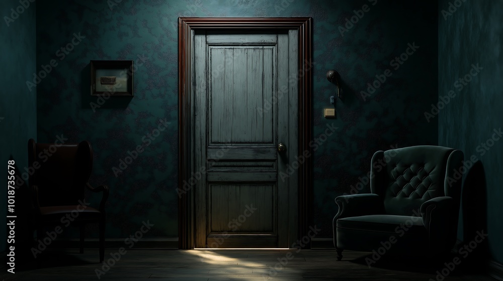 A dark room illuminated only by the light from a cracked door. A dark room illuminated only by the light from a cracked door.