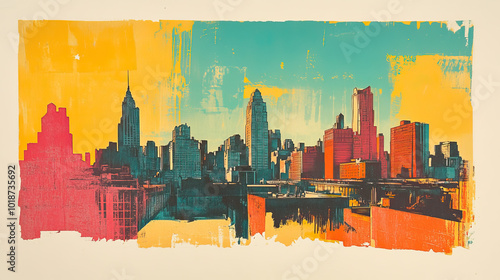 Rochester, New York, color wood block print effect. Woodblock printing. Graphic designed, illustration for travel poster, card, wallpaper, backdrop or banner. Modern, clear, artistic and simple