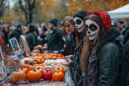 Three people with skull face paint are browsing a festive market stand filled with pumpkins and seasonal items, making this image ideal for Halloween, Day of the Dead promotions photo