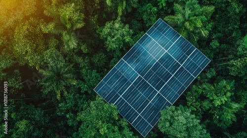 Aerial view of a solar panel installation integrated with the dense greenery of a tropical forest exemplifying sustainable energy solutions harmonized with nature. photo