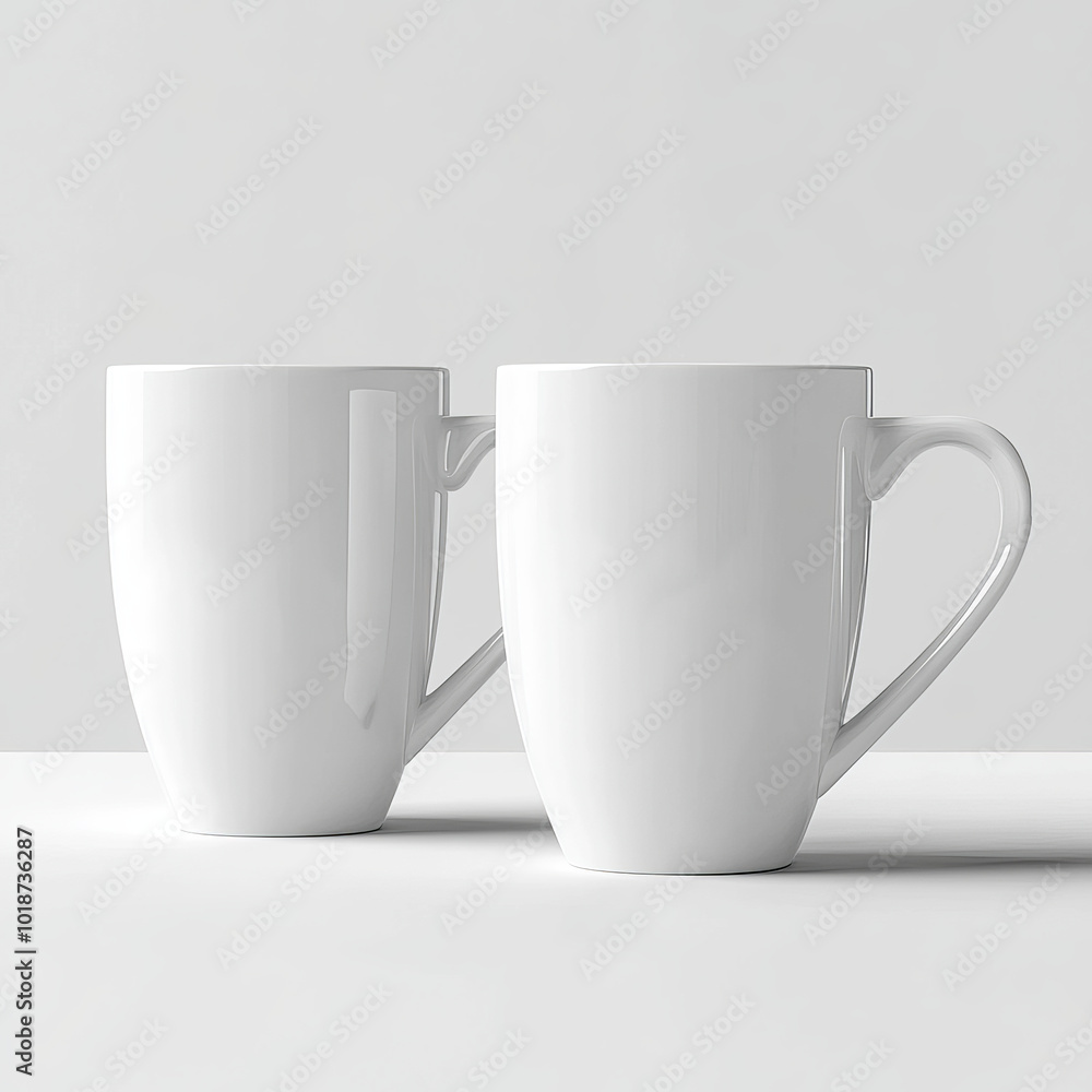 Minimalist design featuring two classic white mugs on clean surface, perfect for showcasing beverages or as decorative items Minimalist design featuring two classic white mugs on clean surface, perfect for showcasing beverages or as decorative items