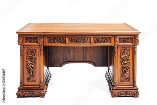 A traditional wooden desk with intricate carvings on the top, suitable for a home office or study