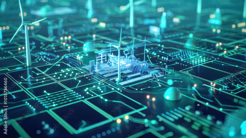 Obraz premium A futuristic control center where AI systems optimize renewable energy grids, managing solar, wind, and hydropower in real-time. Clean, tech-driven visuals.