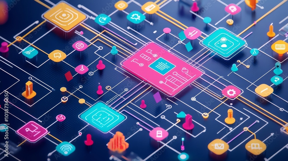 Fototapeta premium Abstract digital circuit board design with colorful geometric shapes representing modern technology and connectivity innovation.