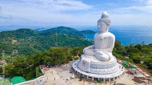 Wide angle view of the Big White Buddha, Phuket, a landmark of Thailand. Copy the area above the sky.