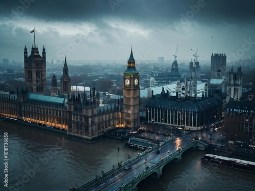 London's Houses of Parliament Under a Cloudy Sky